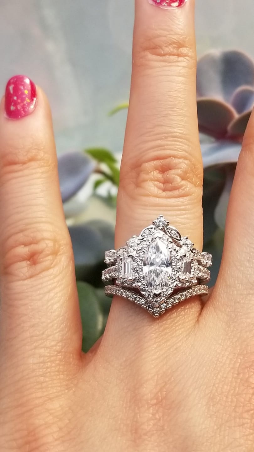 Customer photo review of 3-Stone Halo 1ct Marquise CZ Ring in Sterling Silver