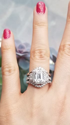 Customer photo review of 3-Stone Halo 2.1ct Emerald Cut CZ Ring in Sterling Silver