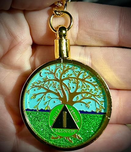 Customer photo review of 40mm AA Medallion Keychain - Tri-Plate Chip/Coin/Token Holder - Gold