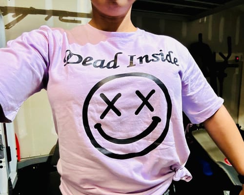 Customer photo review of Salty Savage Ladies “Dead Inside” Oversized Boyfriend Tee | Lavender