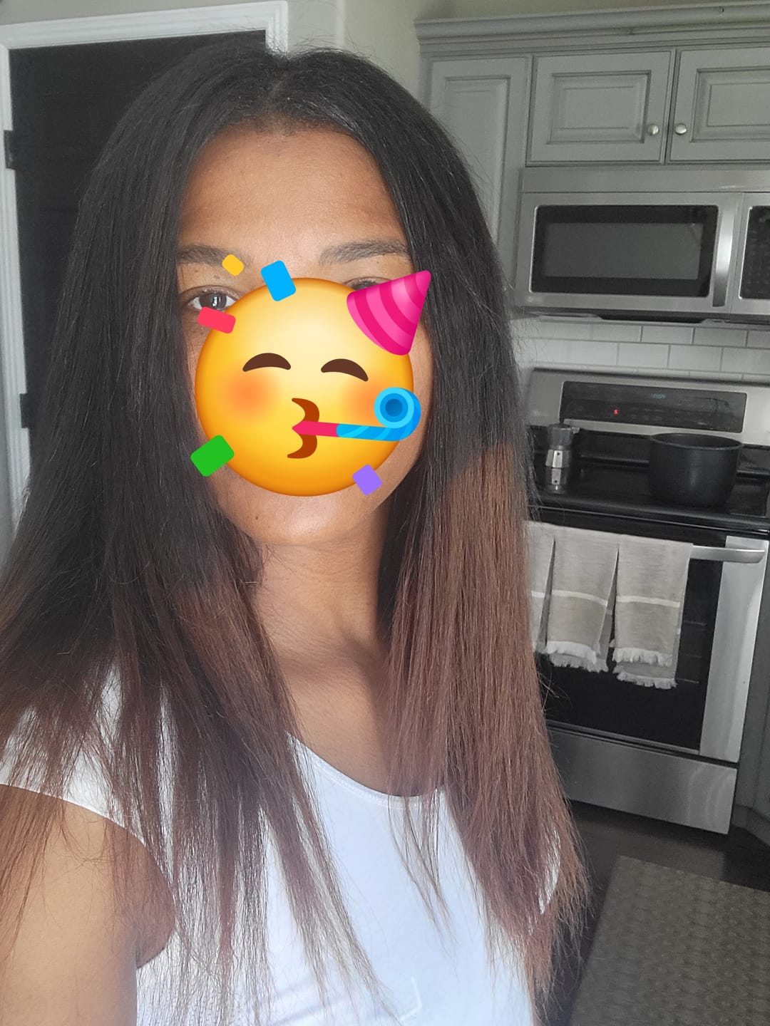 Customer photo review of Seamless Clip In Hair Extensions Kinky Straight