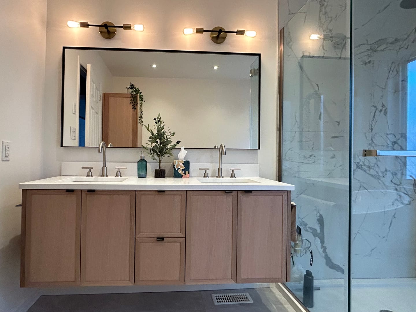 Customer photo review of Cape Breton 72" Wall Mount White Oak Bathroom Vanity, Double Sink