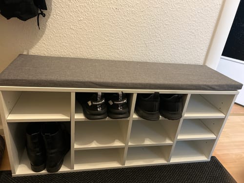 Customer photo review of SONNI Schuhschrank mit Sitzbank, Schuhregal Weiß Holz, mit verstelbaren Einlegeböden, mit Stauraum Schuhablage, mit Grau Sitzkissen, B103.5xT30xH48cm