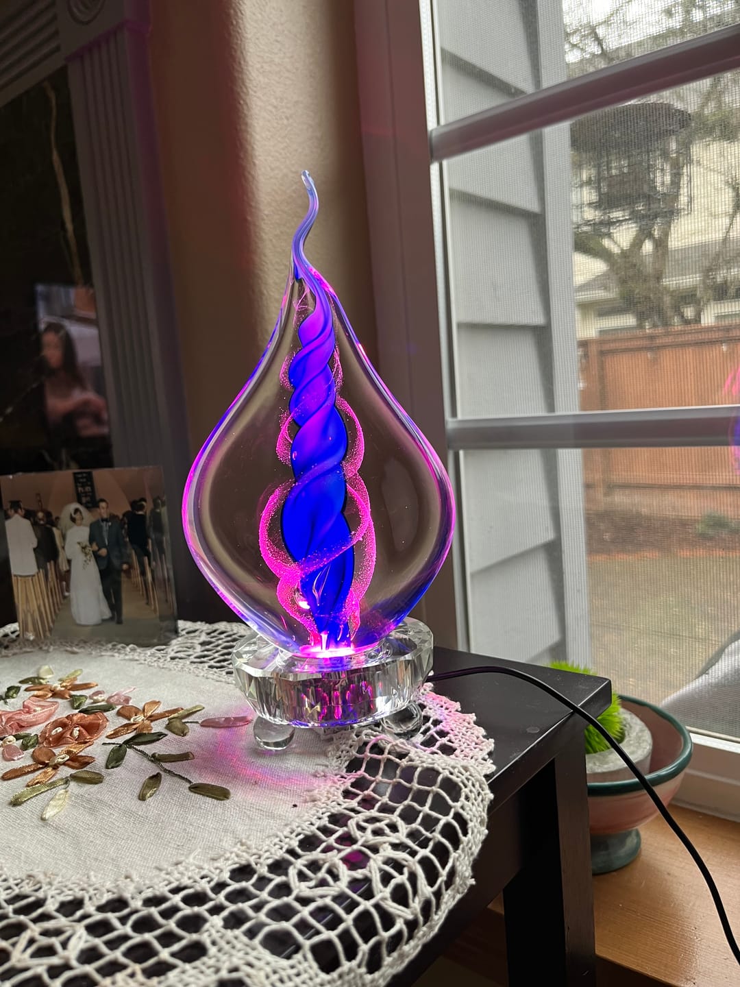 Customer photo review of Illuminated Memorial Glass Flame with Cremation Ashes