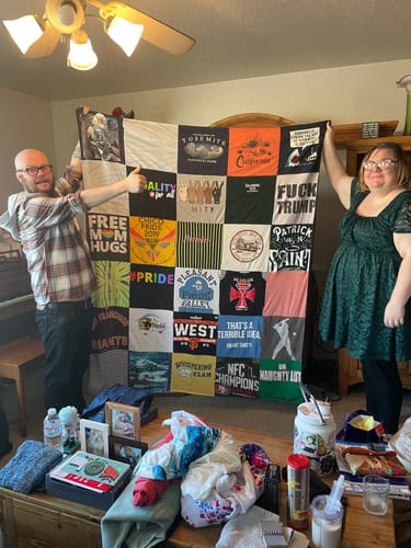 T-shirt quilt with political activism, sports themes by Jennifer from CA