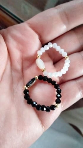 Customer photo review of Obsidian & Moonstone Cat Resizeable Bead Rings