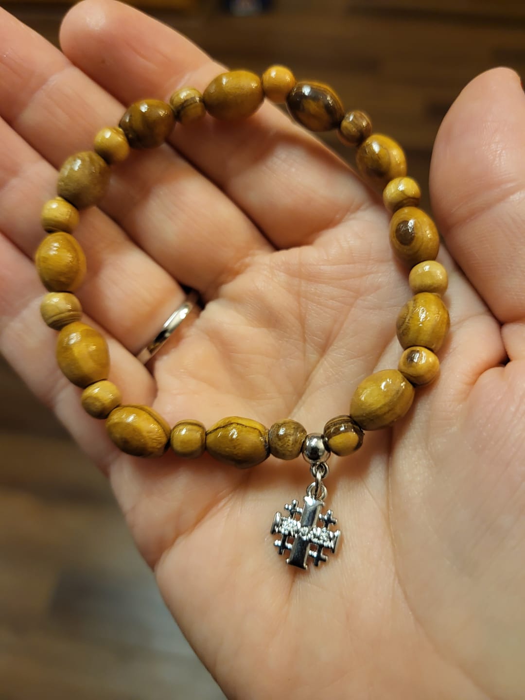 Customer photo review of Olive Wood Bracelet with Cross Pendant