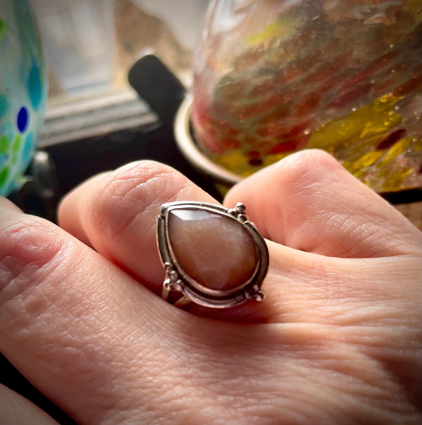 Customer photo review of Teardrop Peach Moonstone Ring
