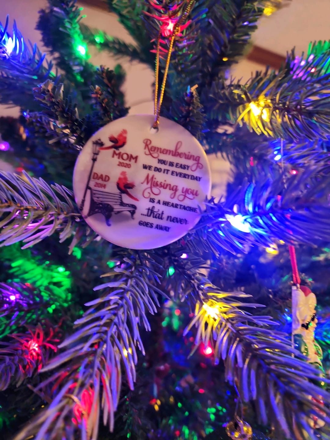 Customer photo review of Cardinals Winter Memorial Personalized Circle Ornament