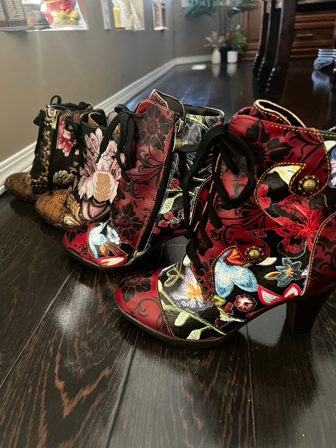 Customer photo review of Leather Hand Embossed Adjustable High Heel Boots