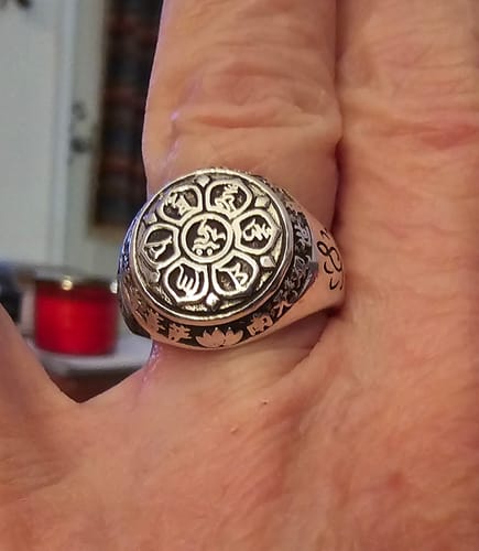 Customer photo review of Silver 6 Syllable Mantra Lotus Signet Ring