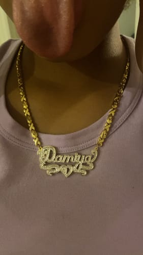 Customer photo review of Double Plated Heart Name Necklace with Hugs and Kisses Chain