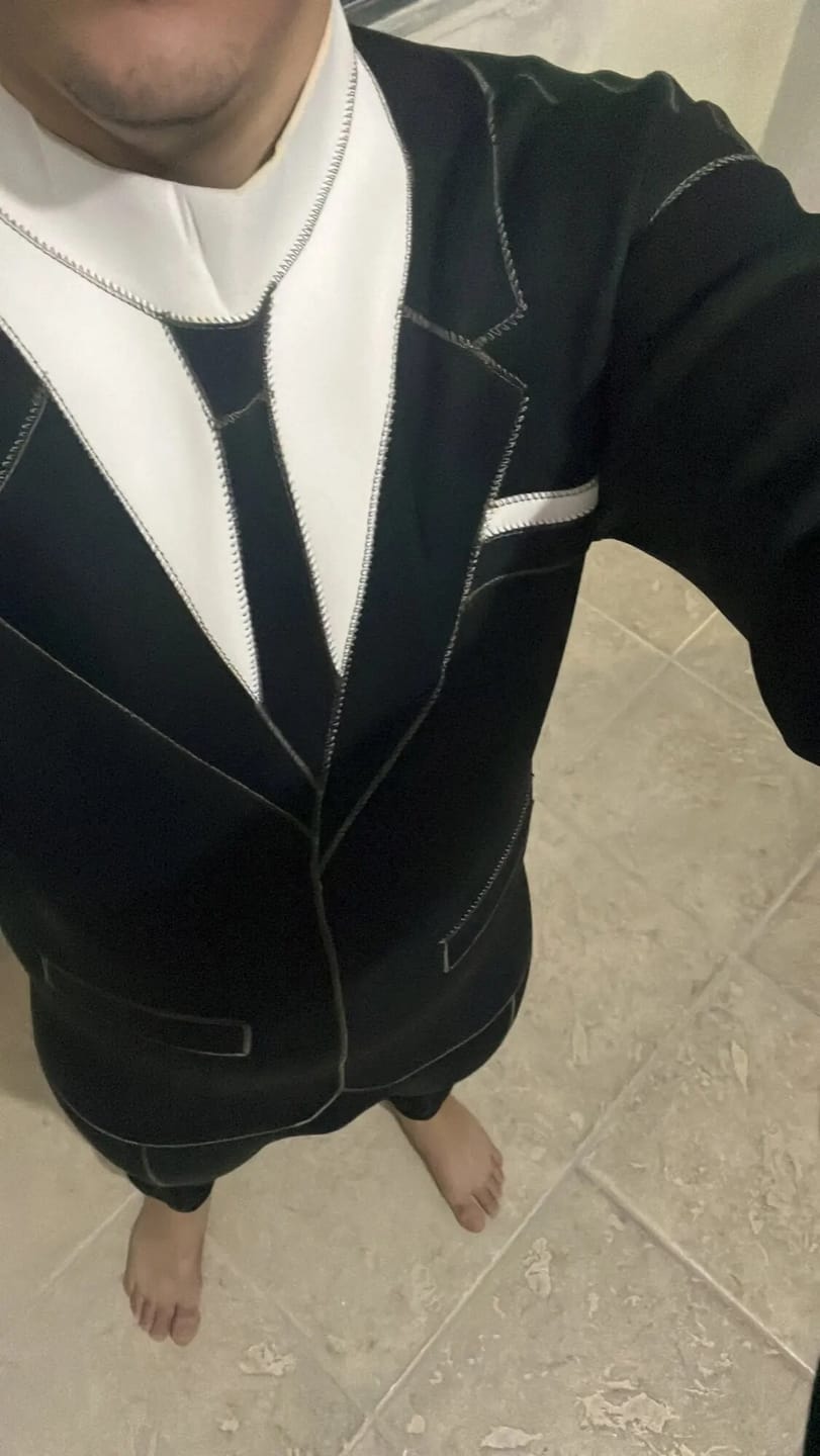 Customer photo review of 3mm Scuba Neoprene Suit: Wetsuit that looks like a suit