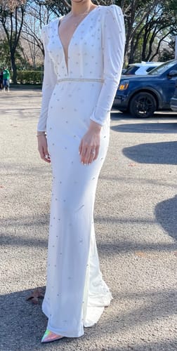 Customer photo review of Belted Jewel Encrusted Plunge Neck Long Sleeve Gown