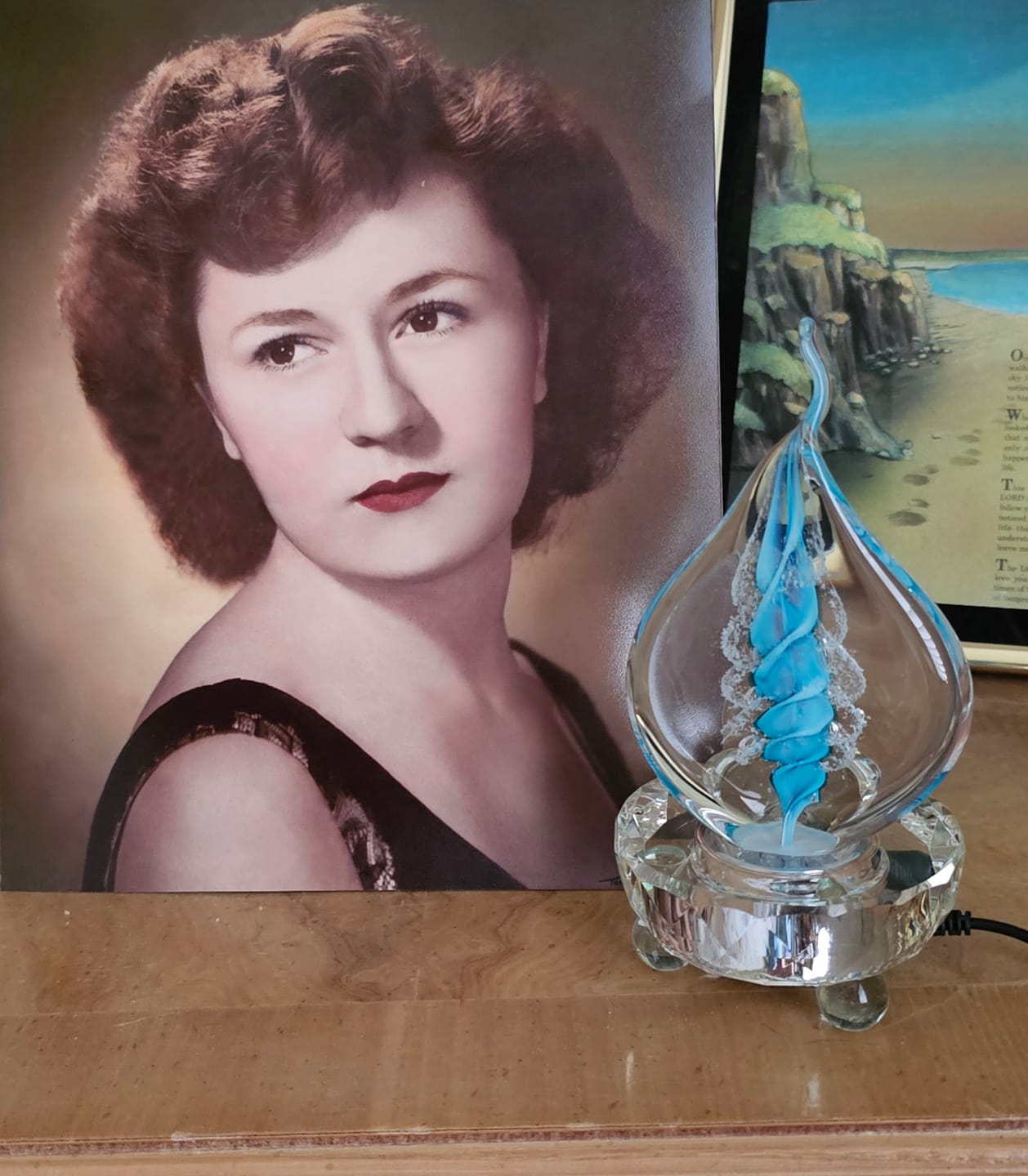 Customer photo review of Illuminated Memorial Glass Flame with Cremation Ashes