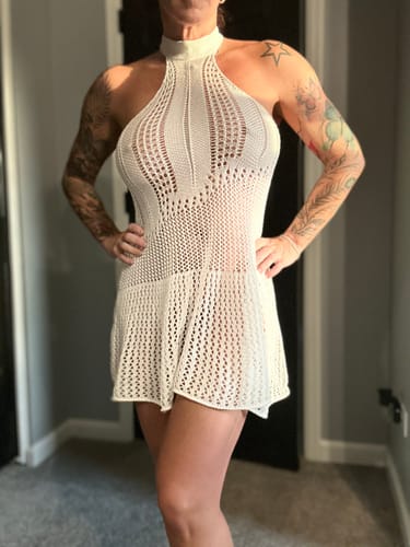 Customer photo review of Crochet solid backless sleeveless halter self tie mini dress