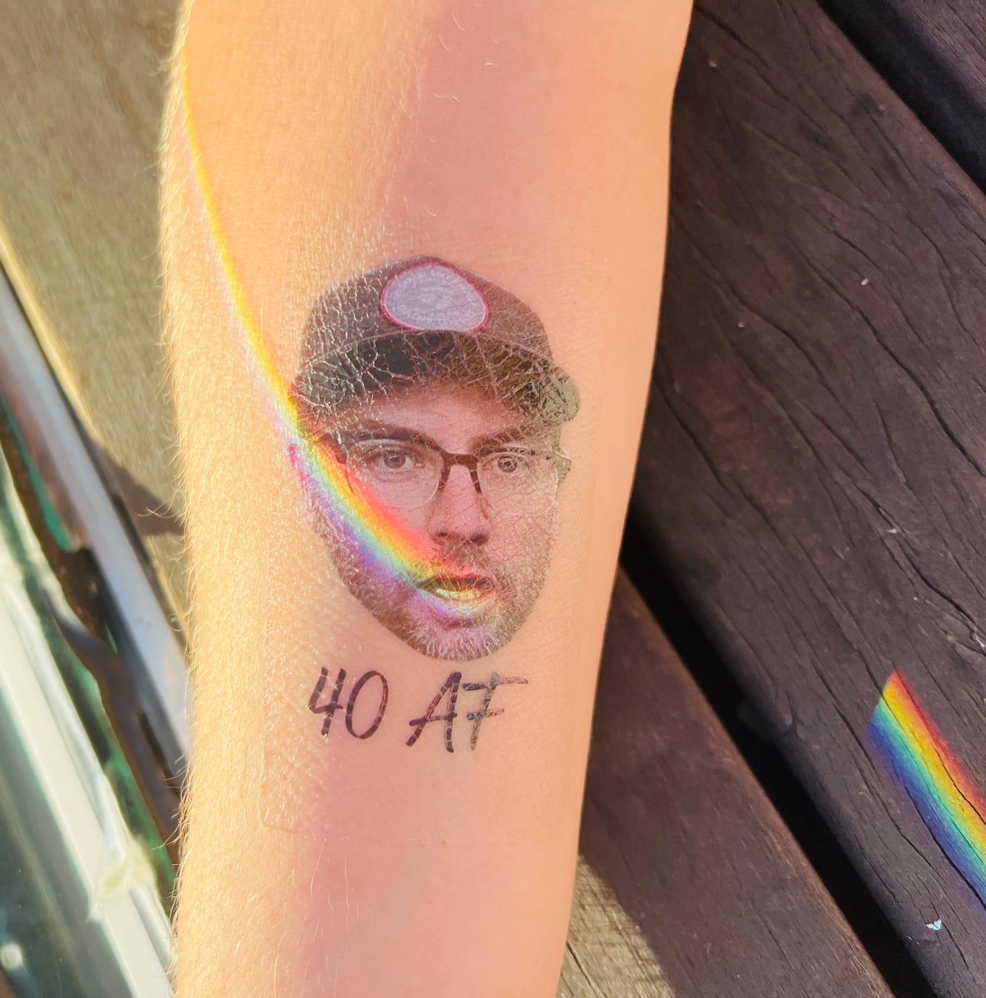 Customer photo review of Face Cut-Out Photo with Text Temporary Tattoo