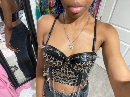 Customer photo review of Leopard print v neck cross metal chain PU leather cami top