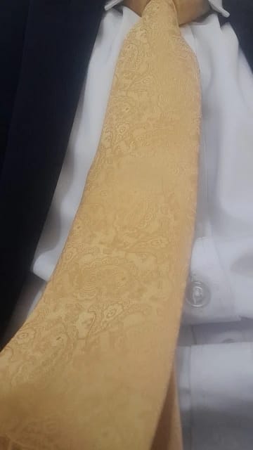 Customer photo review of Royal Yellow Paisley Silk Necktie Pocket Square Cufflinks Set