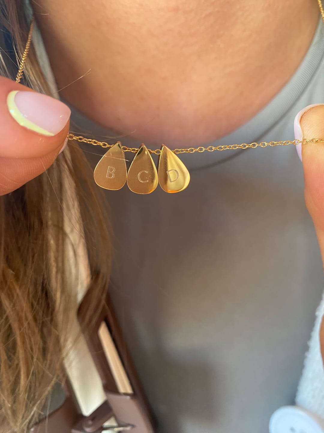 Customer photo review of Teardrop Triple Bead Necklace in Gold