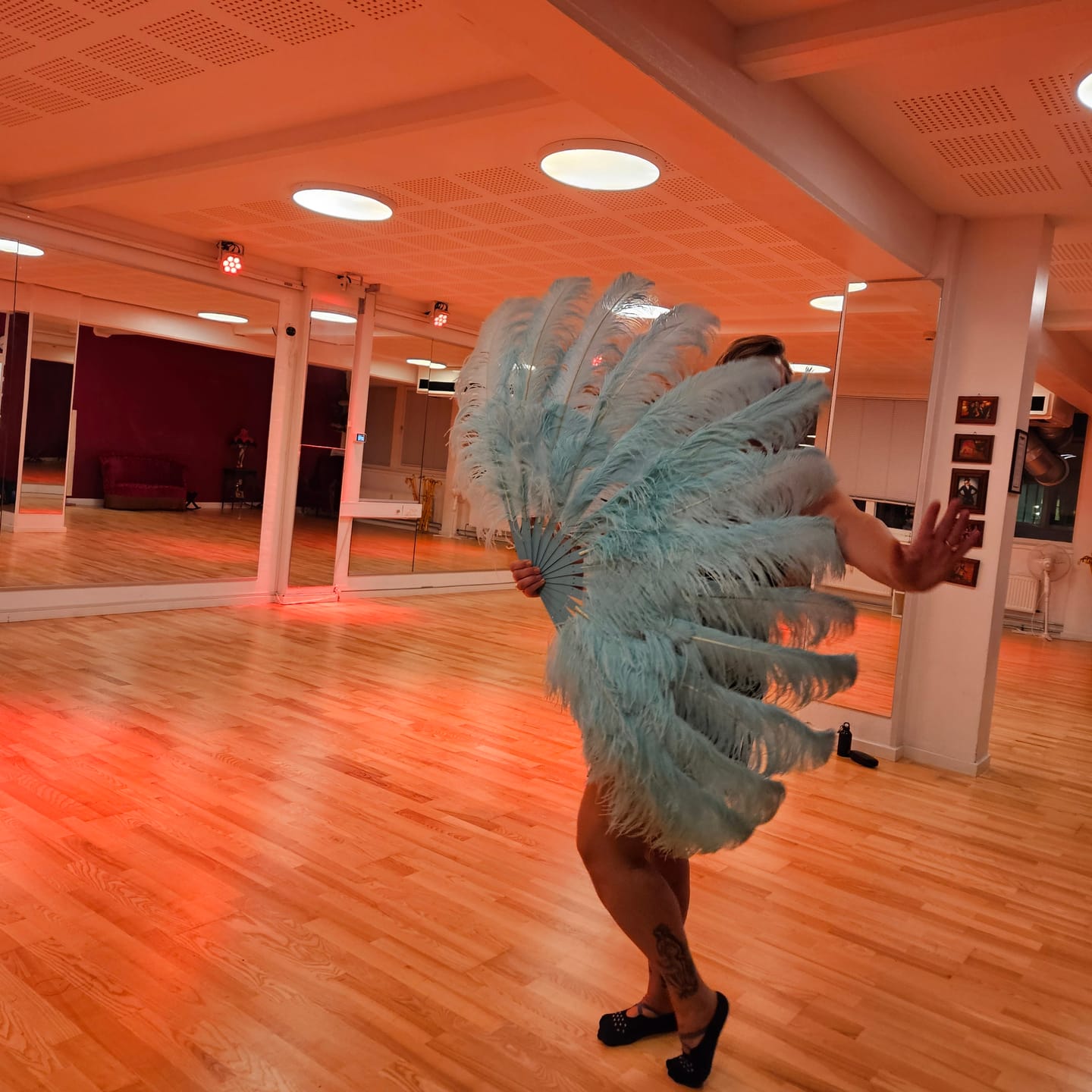 Customer photo review of Custom select color 180 degree Full Open 2 layers Ostrich Feather Fan 30"X 60"