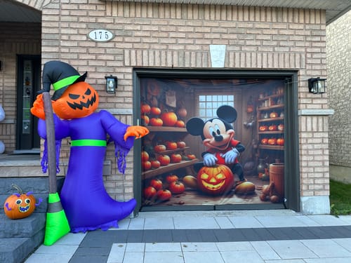 Customer photo review of Mickey Mouse in the Garage Cheerful Pumpkin Pal Garage Door Cover Banner Wrap - Decor Your Door