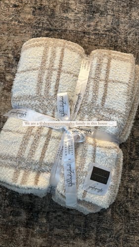 Customer photo review of Feather & Cloud White Plaid Print Throw