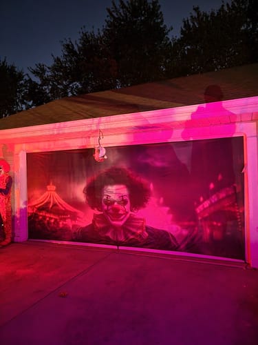 Customer photo review of Evil Clown Scary Spooky Clown Monster from Horror Movie with Vintage Circus Garage Door Cover Banner Backdrop