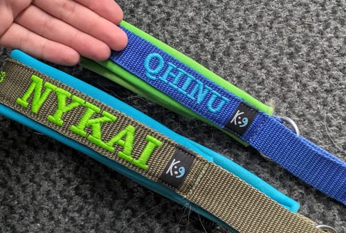 Customer photo review of Fleece Half-Check Dog Collar with Name - L | 4Kyon