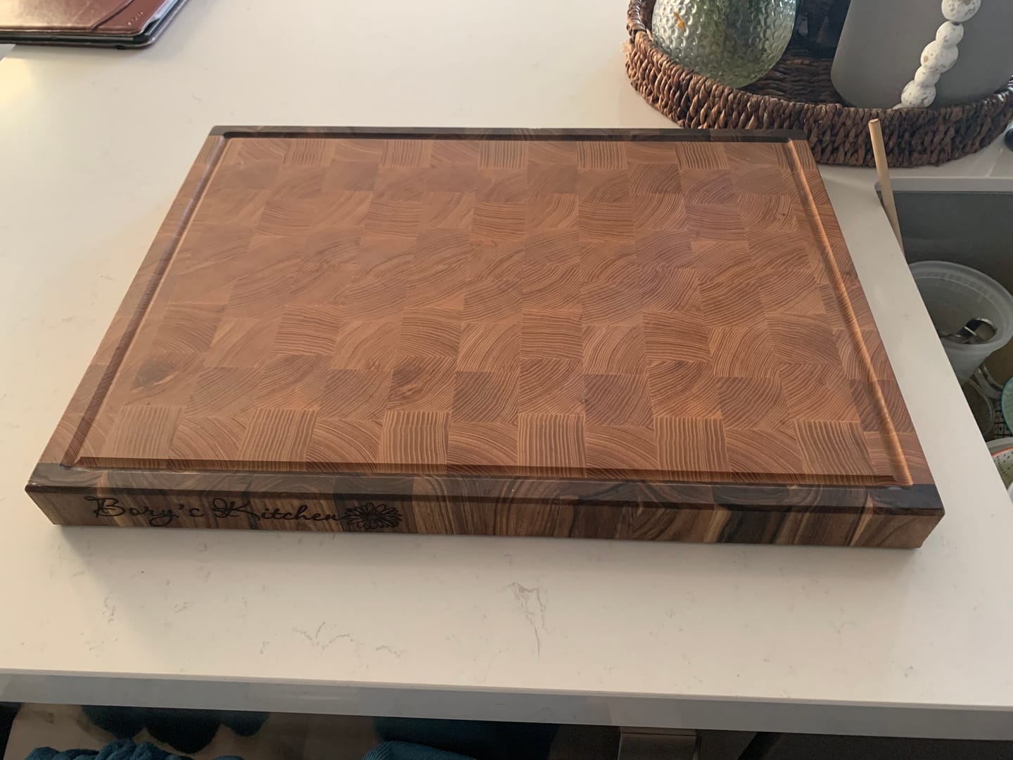 Customer photo review of Personalized Double-sided Walnut and Cherry End Grain Cutting Board