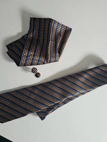 Customer photo review of Black Blue Golden Striped Silk Necktie Pocket Square Cufflinks Set