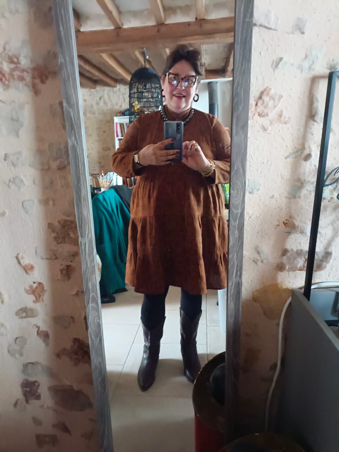 Customer photo review of Robe Bella - double gaze de coton fleuri caramel