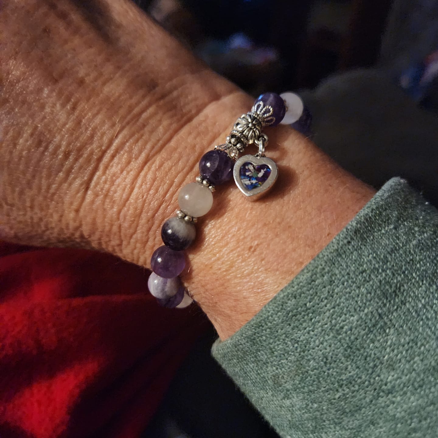 Customer photo review of Amethyst and Rose Quartz Healing Bracelet with Cremation Ashes