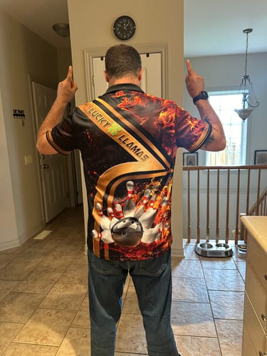Customer photo review of Maxcorners Bowling Ball & Pins Water And Flame Multicolor Option Customized Name 3D Shirt (4 Colors)