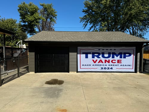 Customer photo review of Trump Vance Make America Great Again Garage Door Cover Wrap Backdrop