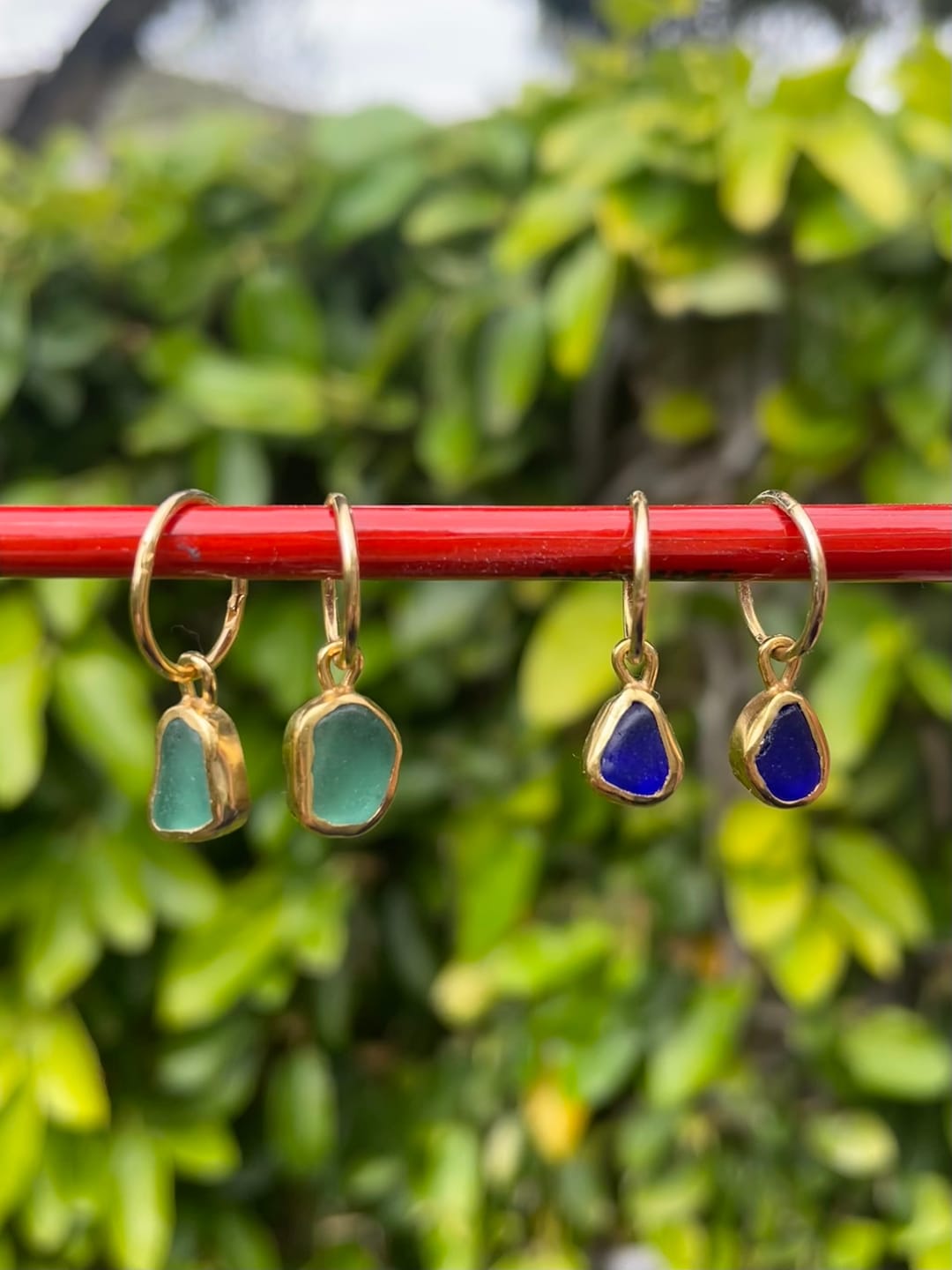 Customer photo review of Purple/Blue Sea Glass Hoops - Gold Vermeil