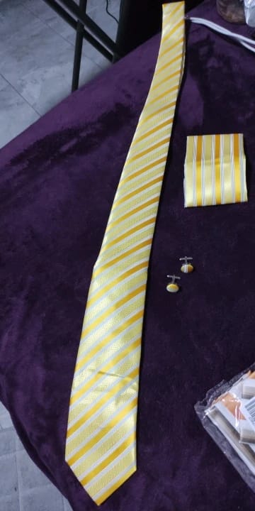 Customer photo review of Yellow Brown Blue Striped Silk Necktie Pocket Square Cufflinks Set