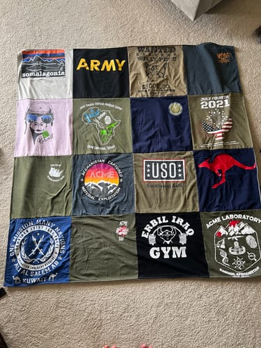T-shirt quilt with military, fitness themes by Laura from NC