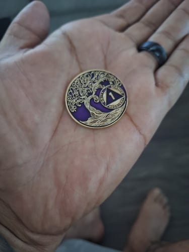 Customer photo review of Sobriety Mint Genuine Leather 34mm AA Medallion Keychain Holder - Recovery Chip/Coin/Token Holder - Dark Brown