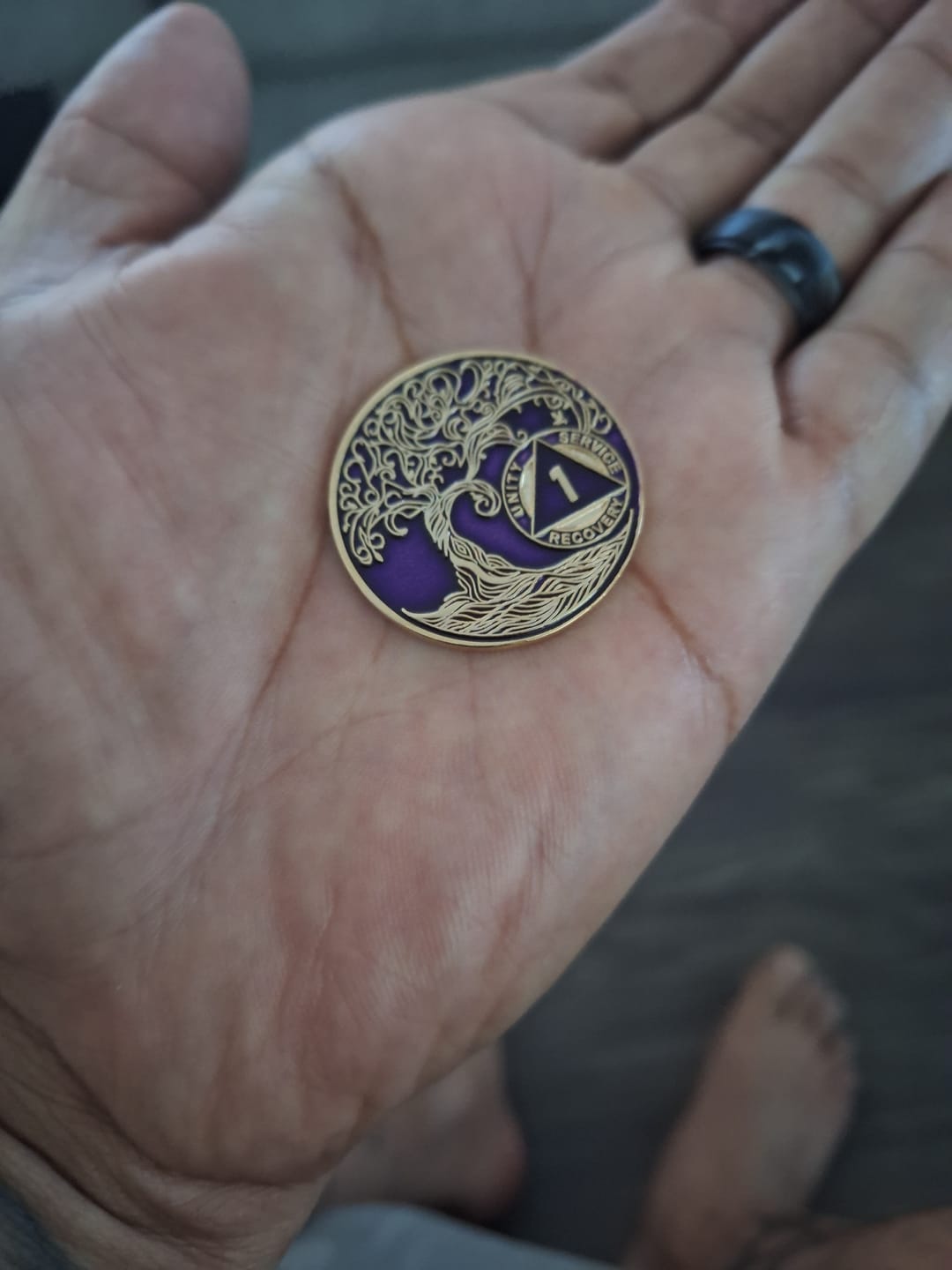 Customer photo review of Sobriety Mint Genuine Leather 34mm AA Medallion Keychain Holder - Recovery Chip/Coin/Token Holder - Dark Brown