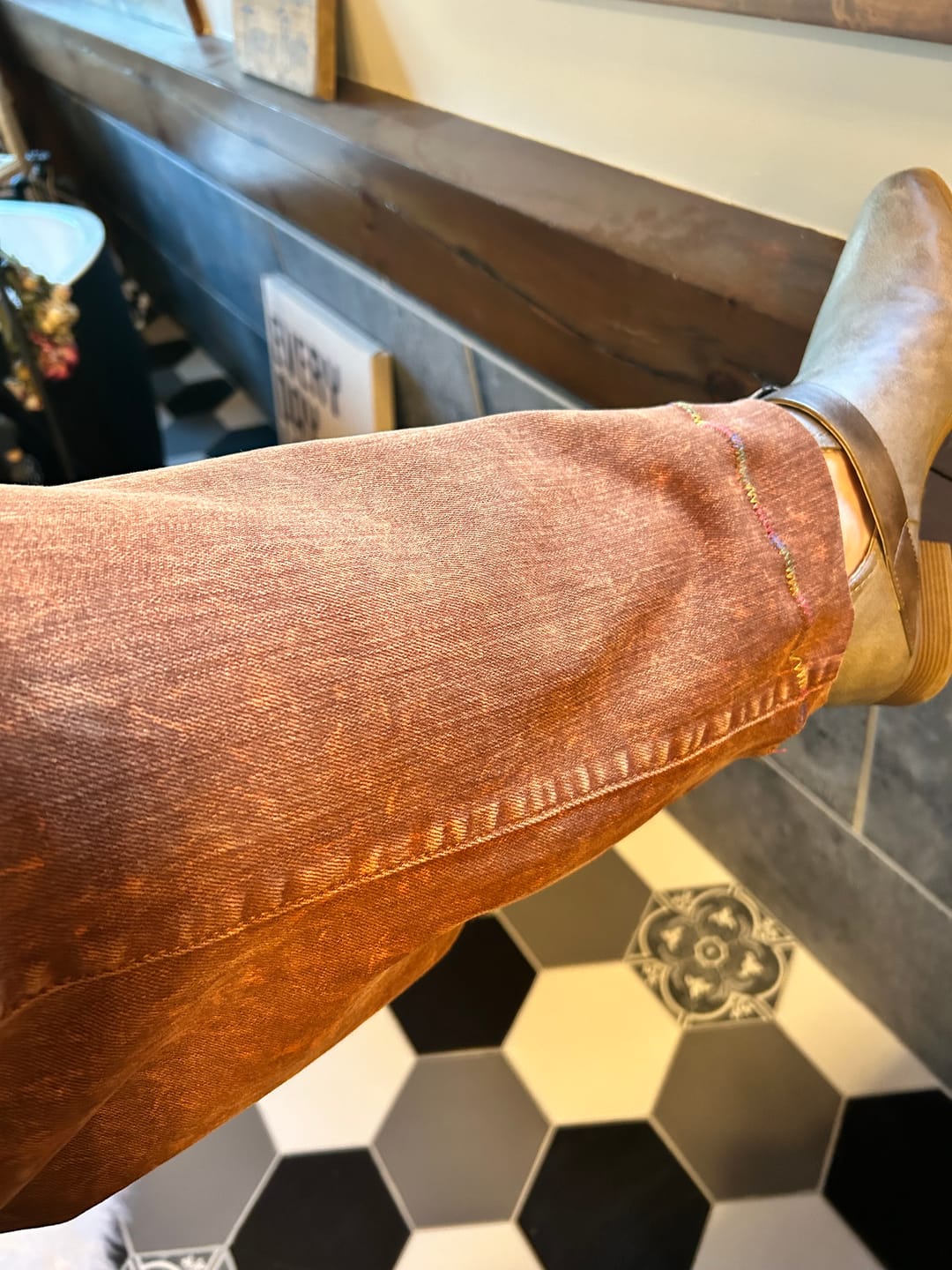 Customer photo review of Judy Blue High Waist Pumpkin Spice Dyed Raw Hem Retro Wide