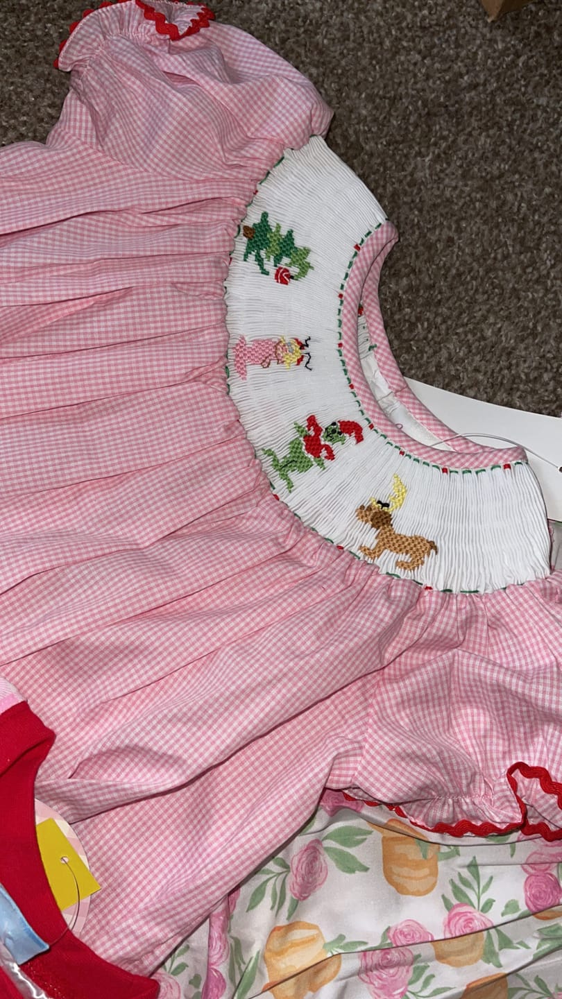 Customer photo review of Mr. Grouch Smocked Bishop Dress