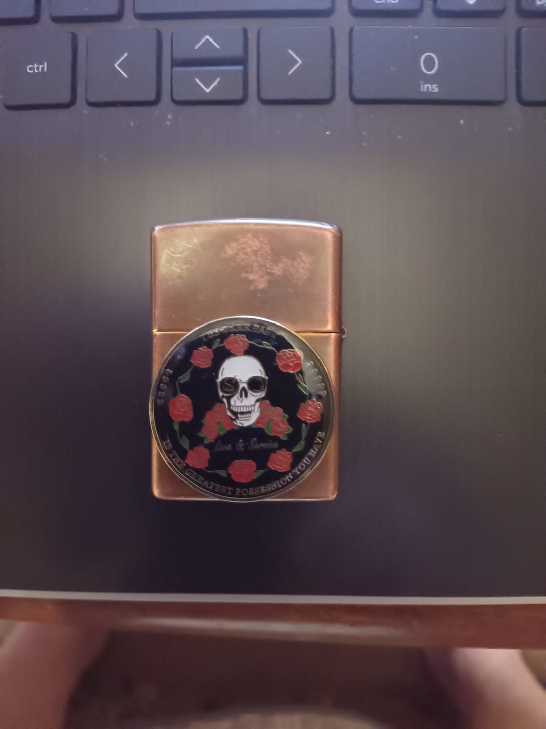Customer photo review of Love & Service Skull with Roses Tri-Plated Specialty AA/NA Affirmation Sobriety Medallion - Black/Gold