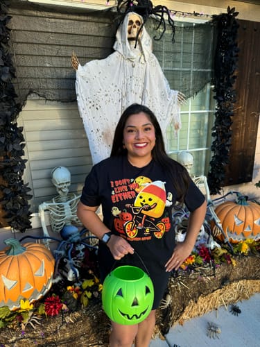 Customer photo review of I Don't Like You Either Cutie Candy Corn HalloweenT-Shirt