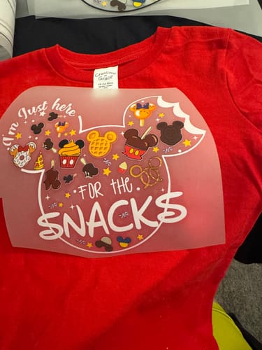 Customer photo review of Mickey Head I'm Just Here For The Snacks Disney DTF Transfer