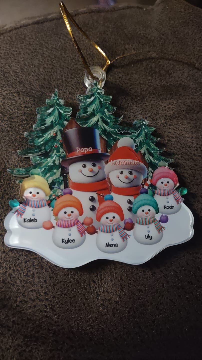 Customer photo review of Granparents/Parents Snowmen With Baby Kids In Pine Tree Forest - Personalized Shape Ornament