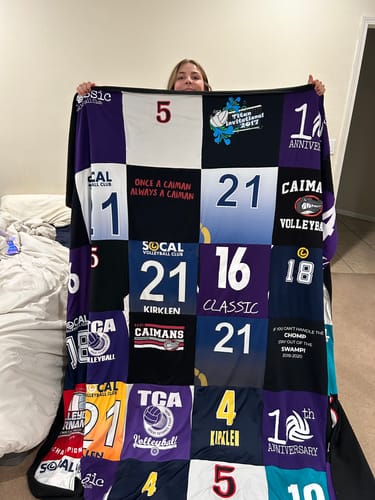 T-shirt quilt featuring caimans volleyball team by Robin from CA