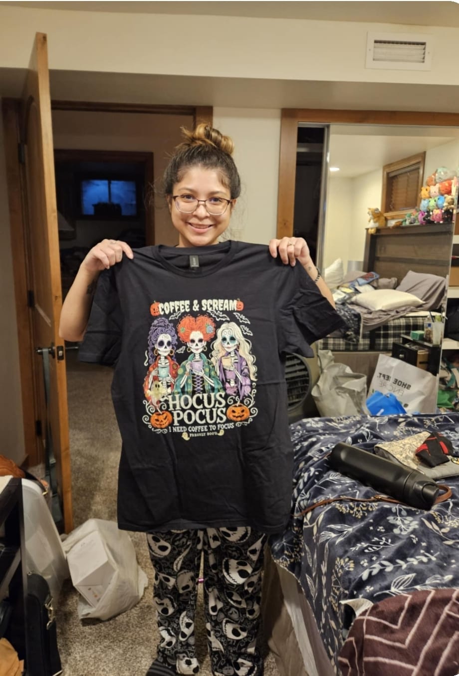 Customer photo review of Hocus Pocus I Need Coffee To Focus Fresh Boo'd Halloween T-Shirt