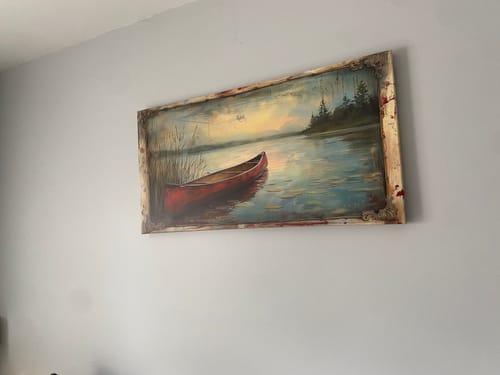 Customer photo review of Vintage Red Canoe In The Lake Cabin Wall Art
