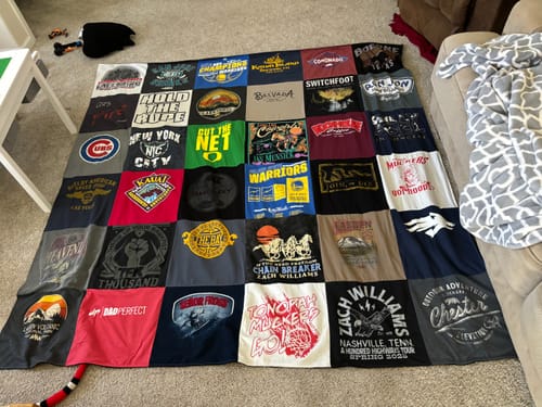 T-shirt quilt with music, sports themes by Emily from NV